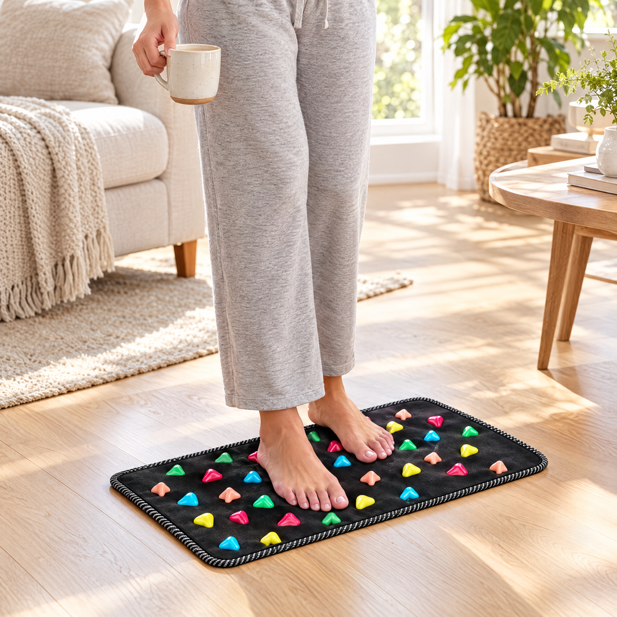 Woman standing barefoot on the acupressure mat with morning coffee