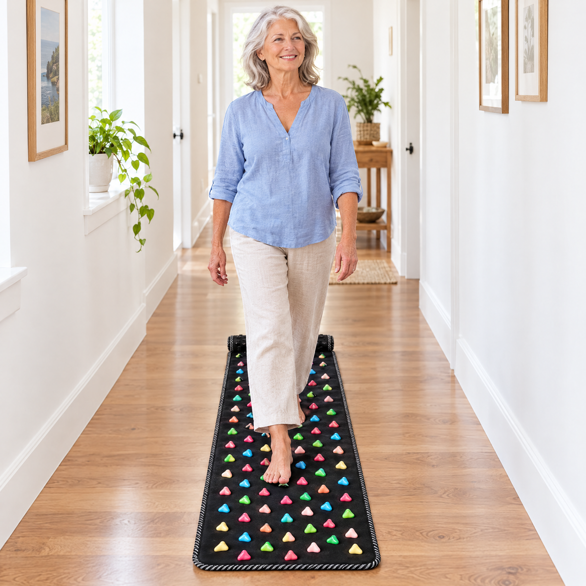 Walking along the long acupressure mat at home