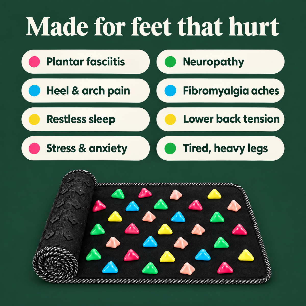 Made for feet that hurt: plantar fasciitis, neuropathy, heel and arch pain, fibromyalgia aches, restless sleep, lower back tension, stress, tired legs