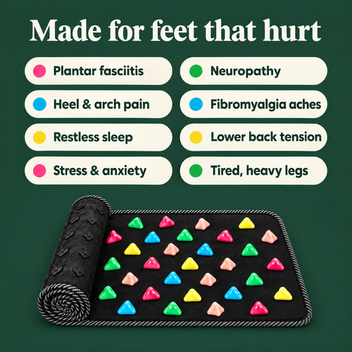 Made for feet that hurt: plantar fasciitis, neuropathy, heel and arch pain, fibromyalgia aches, restless sleep, lower back tension, stress, tired legs
